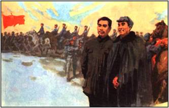 Le troupes s'apprtent  partir pour le front antijaponais. Pour saluer le dpart des vtrans, Zhou Enlai redonne la couverture  Zhu De.